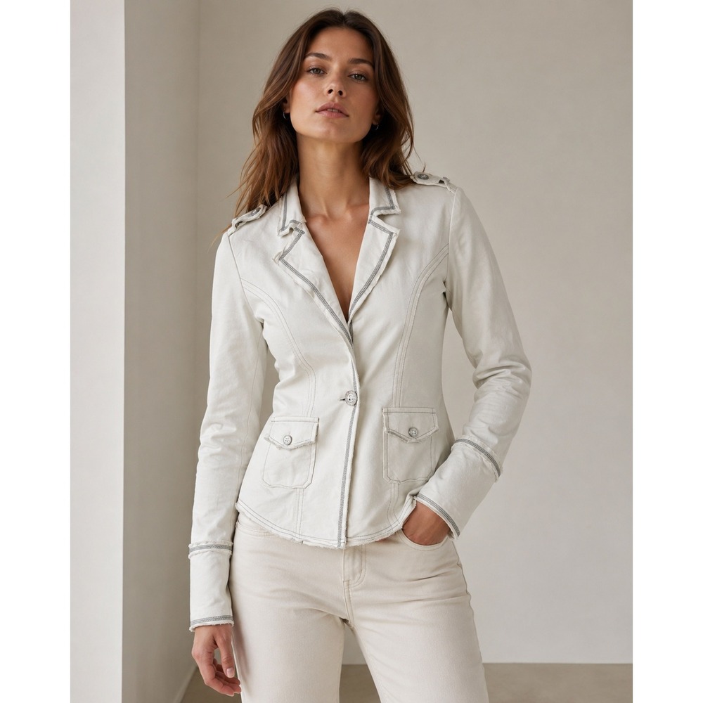 k246. Calvin Klein Jeans Knit Blazer Jacket Cream Raw Edge Contrast Stitch Large